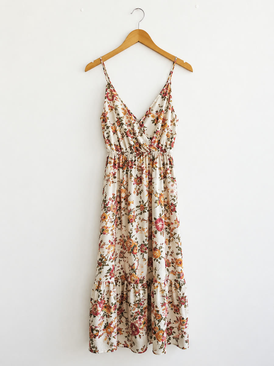 O mesmo vestido floral pendurado num cabide, foto simples de produto