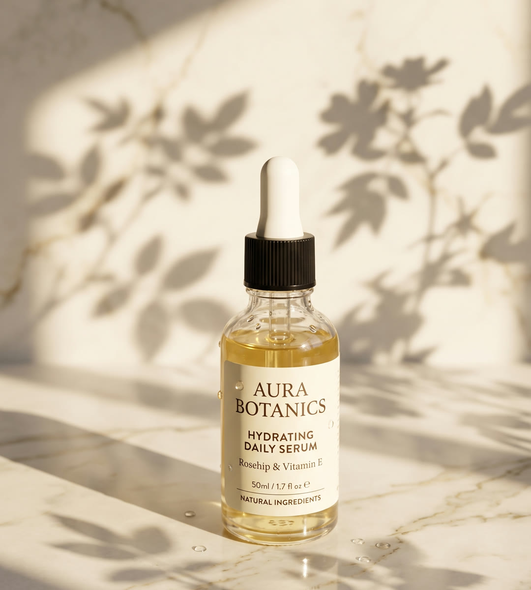 Frasco de sérum sobre mármore com sombra de folhagem, foto de produto elevada